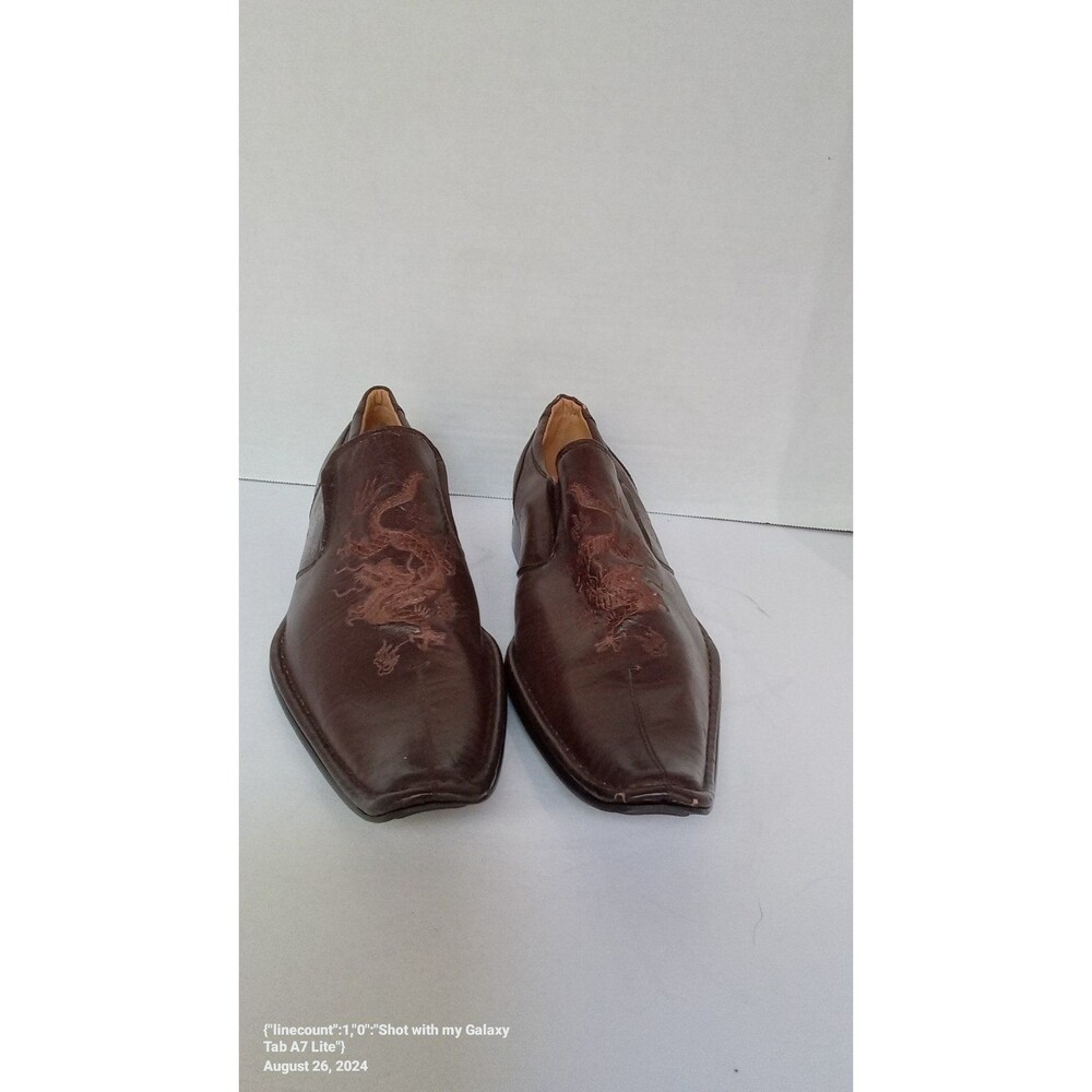 Elegant Brown Leather Slip-On Dress Shoes with Embroidered Detail Square‎ Toe